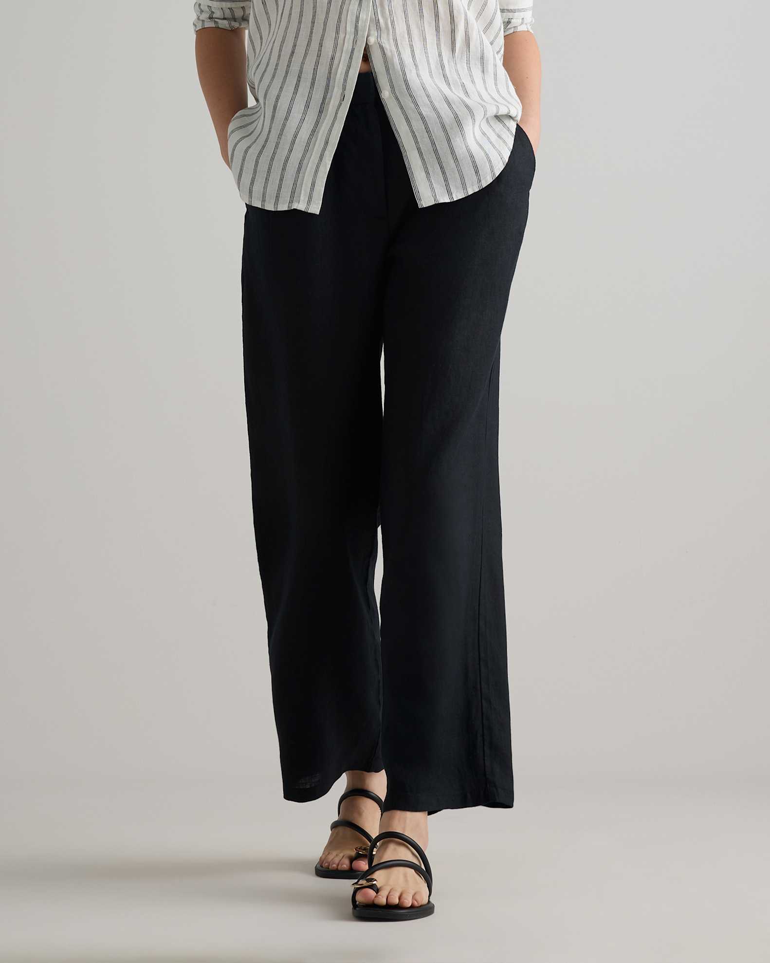 Quince, 100% European Linen Pleated Trouser in Black