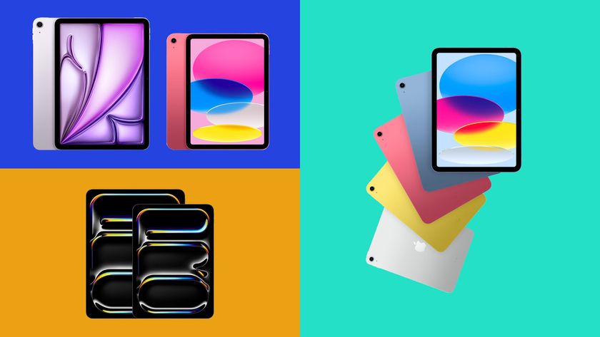 A selection of iPads on a multi-coloured background. 