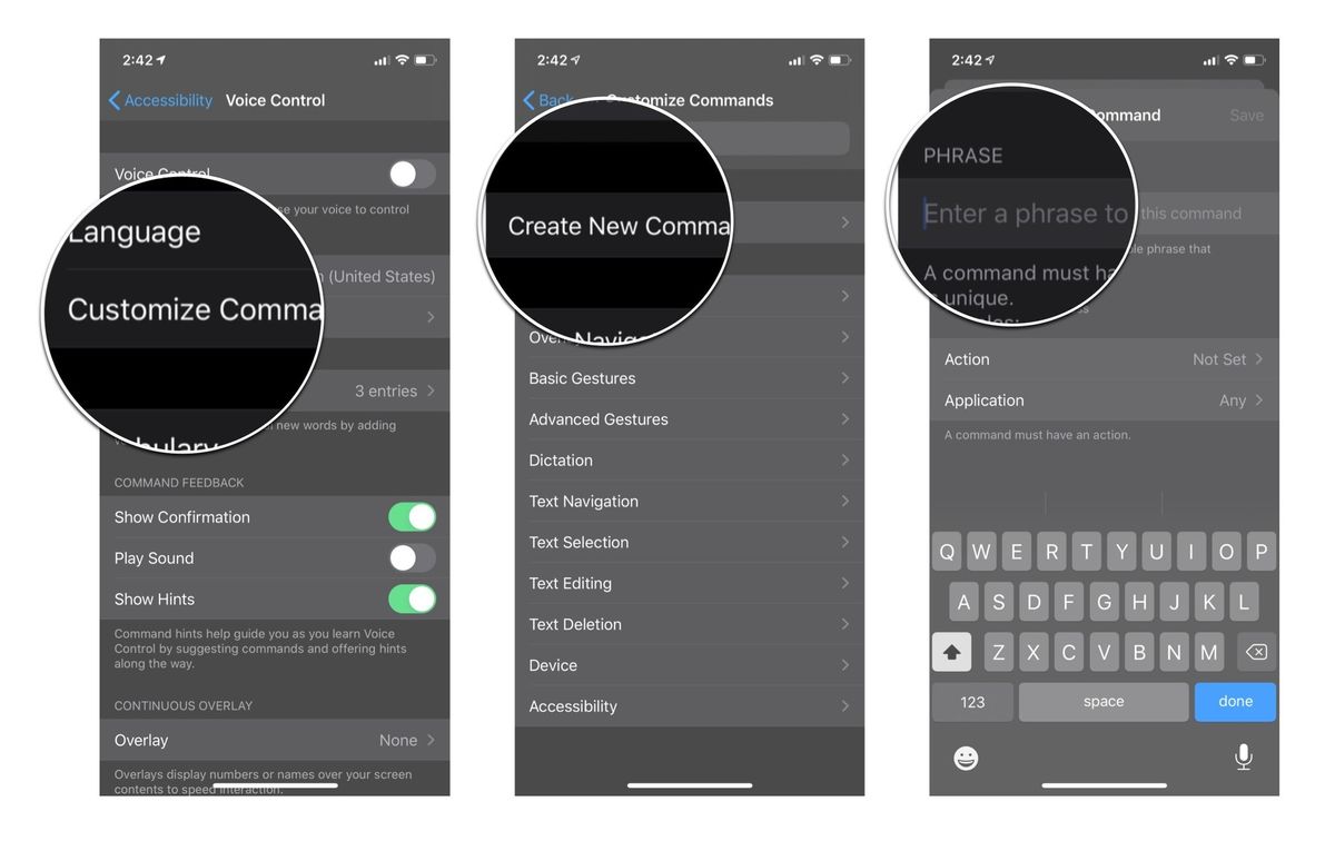 Creating custom Voice Control command: tap customize commands, tap create new command, and then enter a phrase to speak.