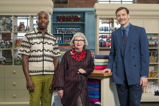 The Great British Sewing Bee 2024 judges Esme and Patrick with host Kiell..