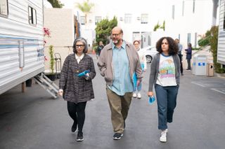 Rose Abdoo, Fred Melamed, Rachel Bloom (back), and Kimia Behpoornia in Reboot on Disney Plus
