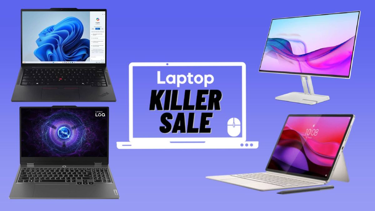 Lenovo ThinkPad T14s, Lenovo LOQ, Lenovo 100Hz monitor and Lenovo Yoga Tab Plus with Lenovo Slim Pen against blue gradient background with killer sale sticker.