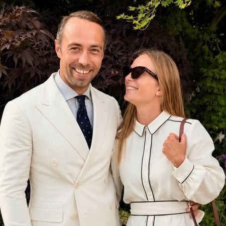 Alizee Thevenet wears French brands Sezane and Longchamp at the Wimbledon Women's Singles Final, posing with husband James Middleton who wears a cream suit
