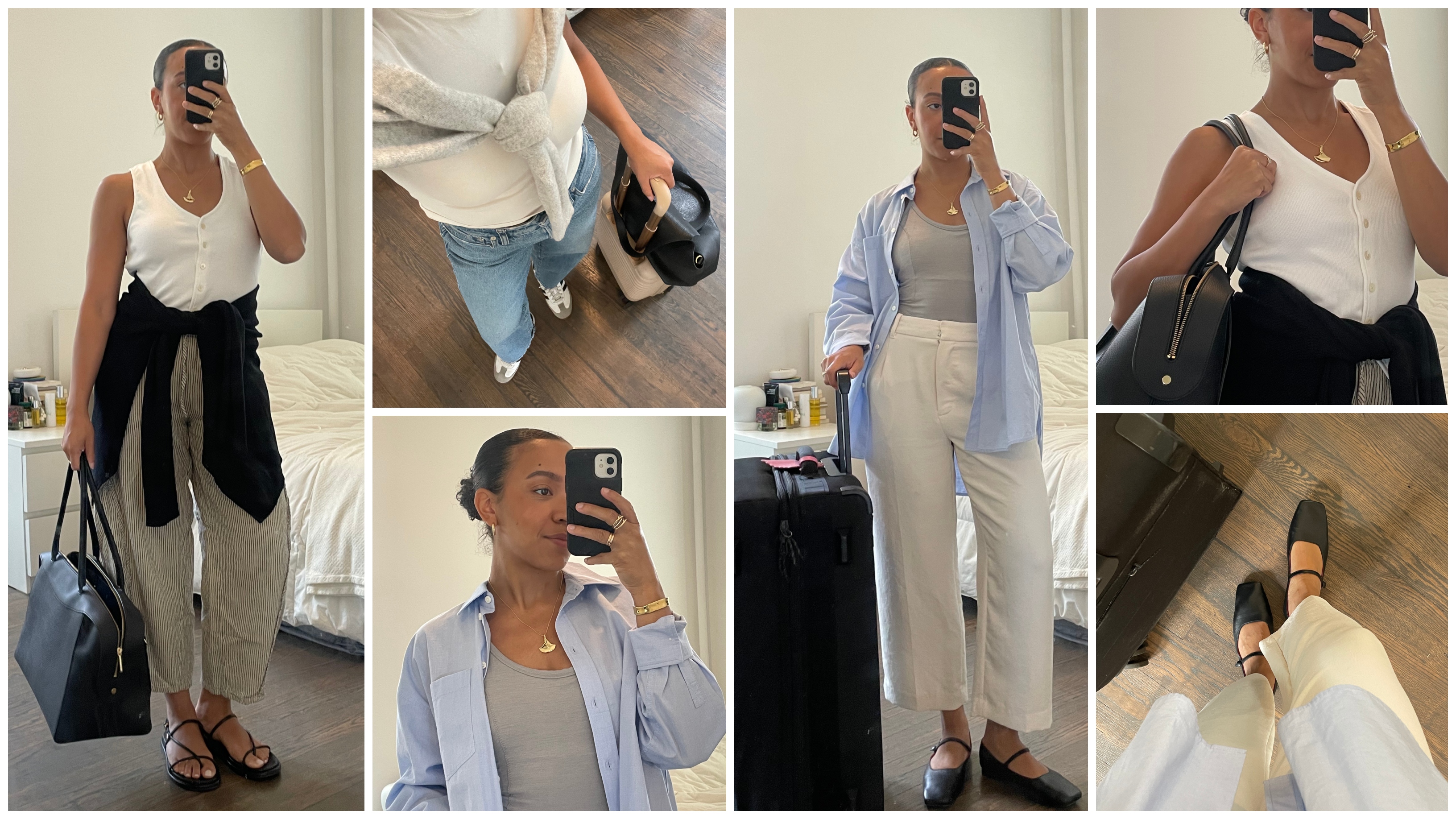 Lauren Tappan wearing a white shirt, striped pants, and sandals; Lauren Tappan wearing a white shirt jeans and adidas sambas, Lauren Tappan wearing a blue button-down, a gray tank, and white pants