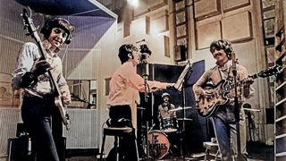 The Beatles rehearse their song 'All You Need Is Love' for 'Our World' the first live satellite uplink performance broadcast to the world on June 25, 1967 in London, England. (L-R) Paul McCartney, John Lennon, Ringo Starr, George Harrison.