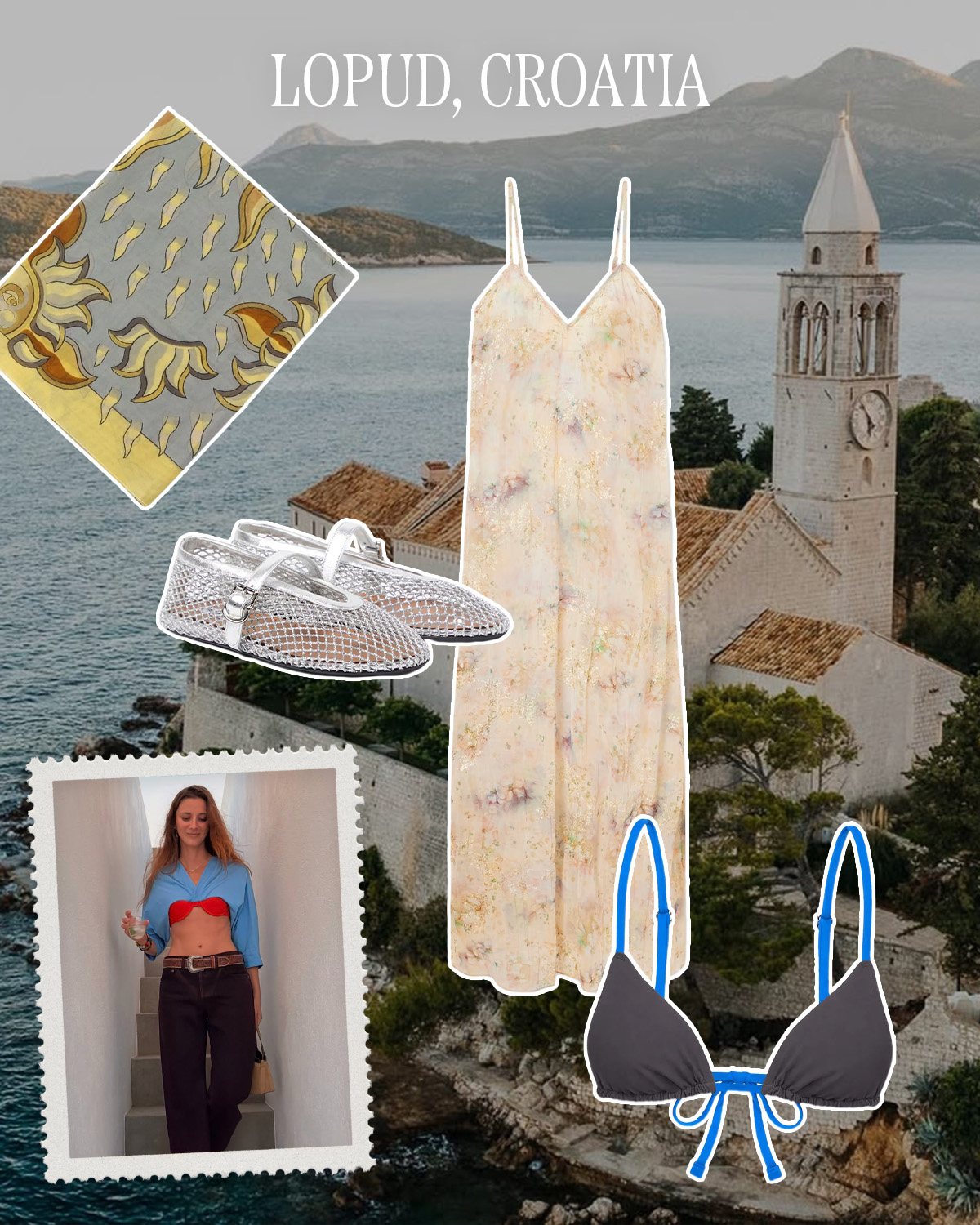 a collage of stylist and tastemaker outfits with vacation destination imagery and products featuring what to pack there