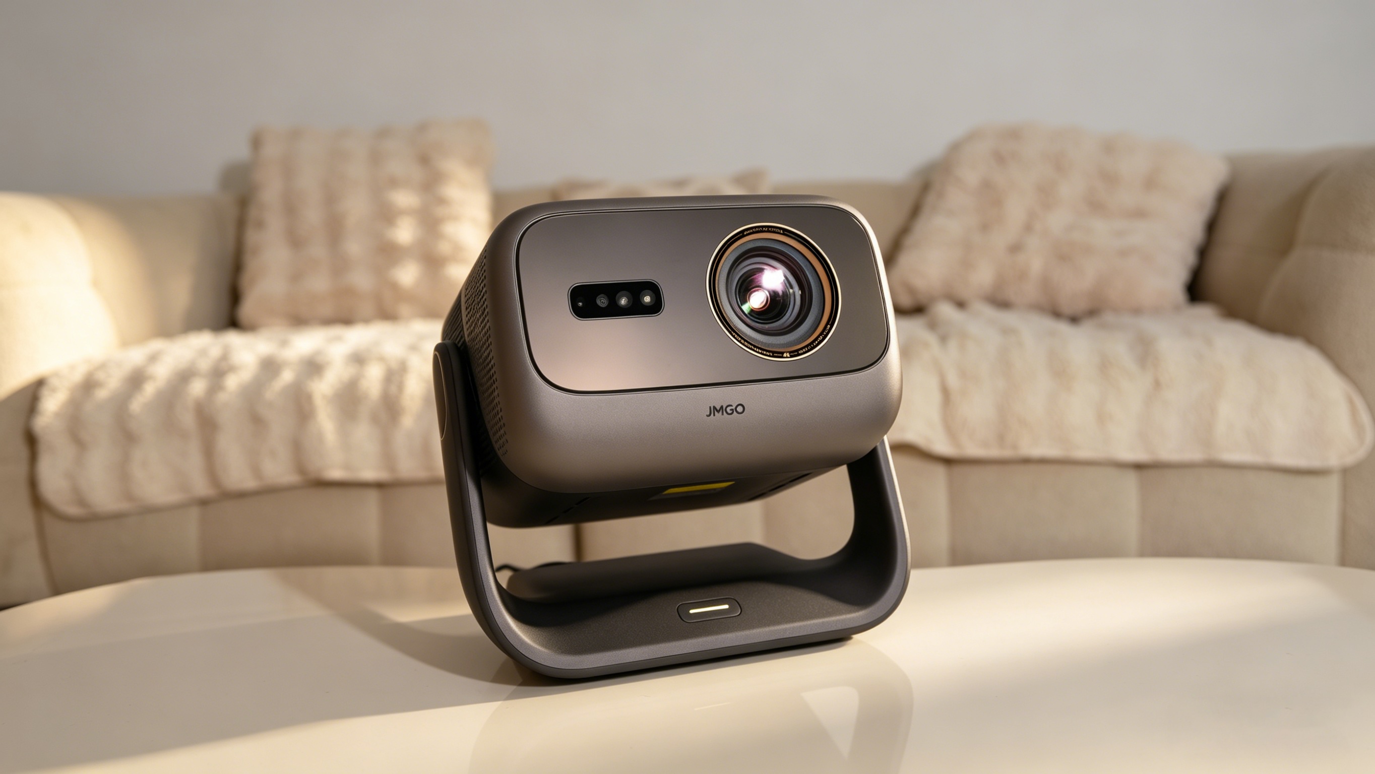 JMGO N3 Ultimate projector on a coffee table in a neutrally decorated living room