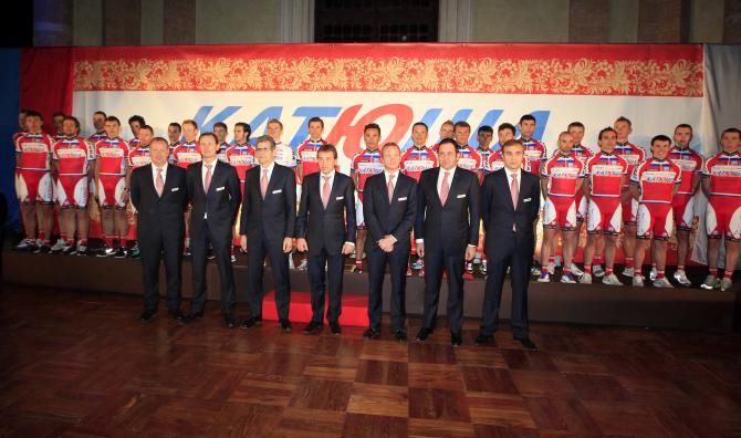 Katusha's 2013 line-up, complete with WorldTour insignia on their jerseys.