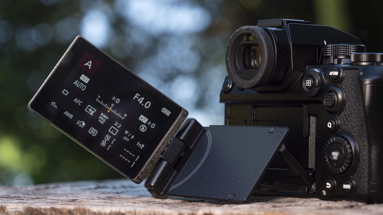 Panasonic Lumix S1 II mirrorless camera outdoors on a wooden surface, touchscreen flipped out