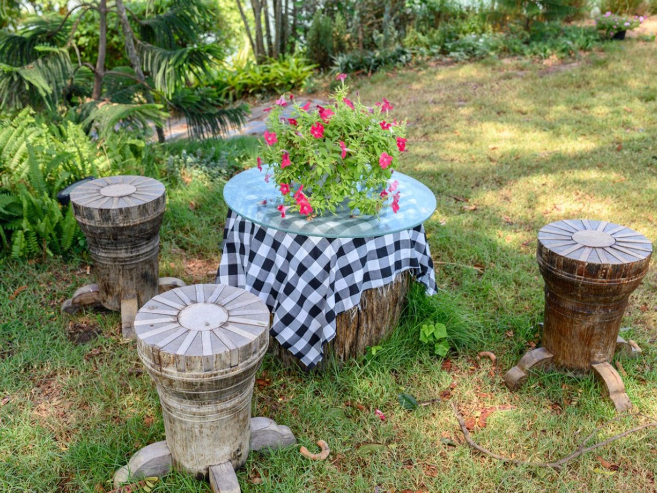 Flower Bouquet On Outdoor Table Set Up