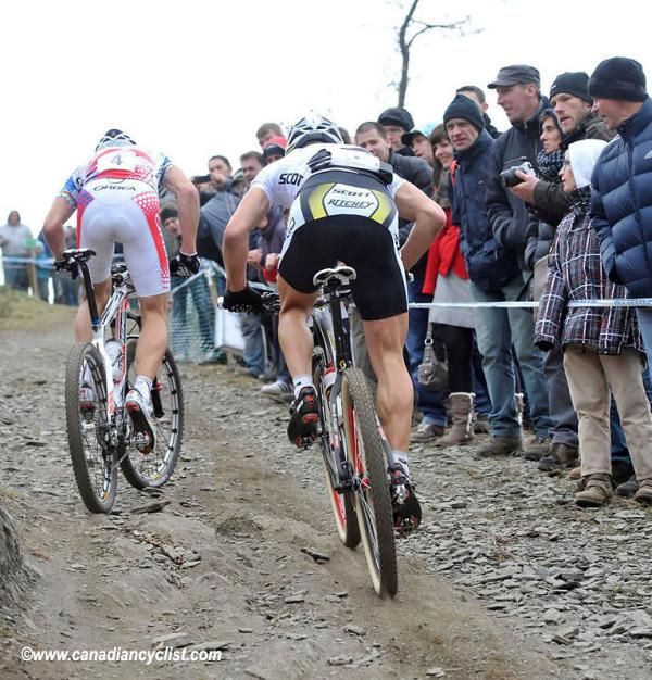 Julien Absalon and Nino Schurter battle on the climb
