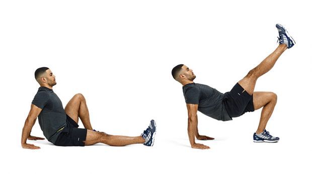 Man demonstrates two positions of the bridge kick exercise