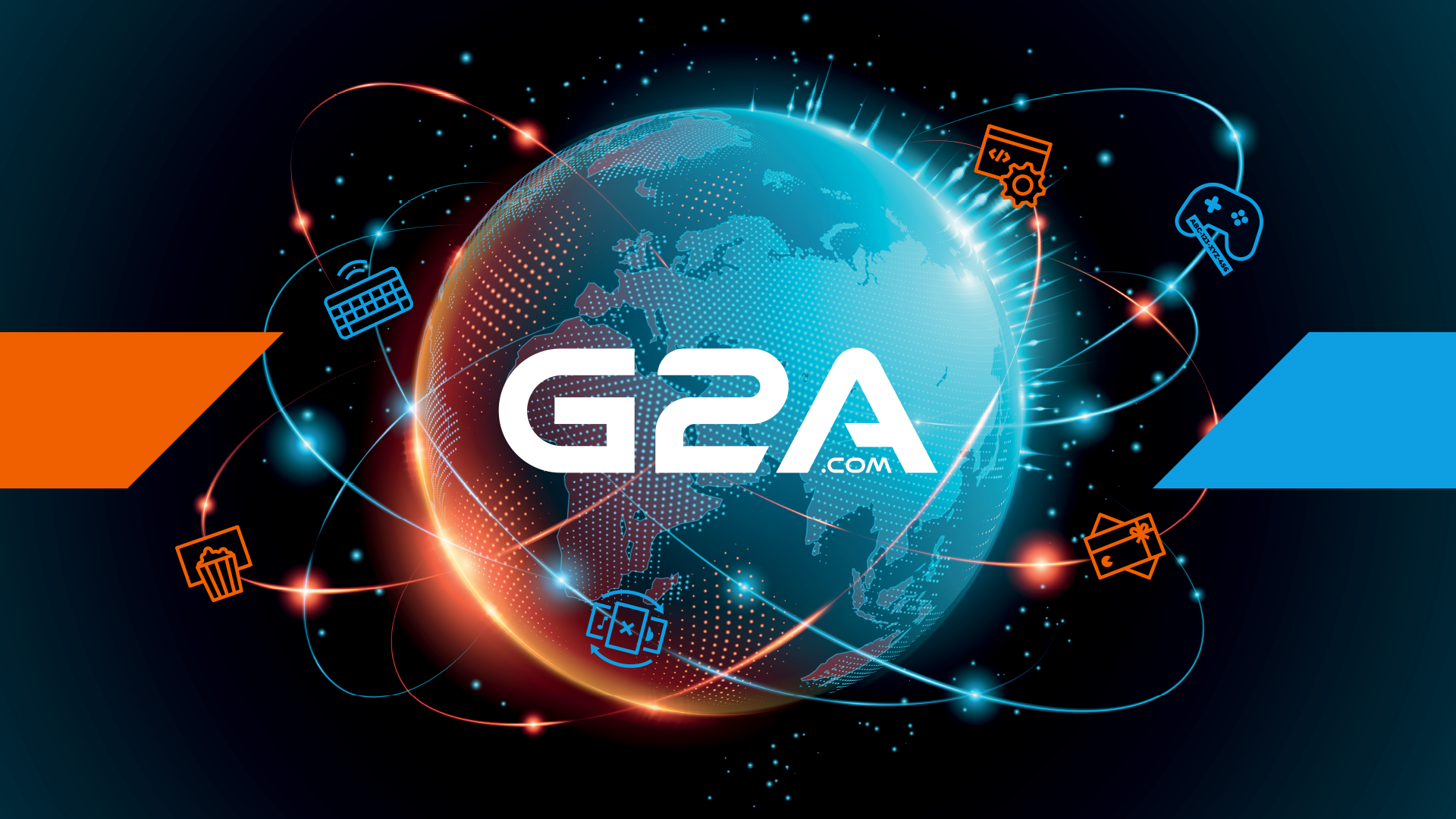 A planet with symbols swirling around and the G2A.COM logo atop it.