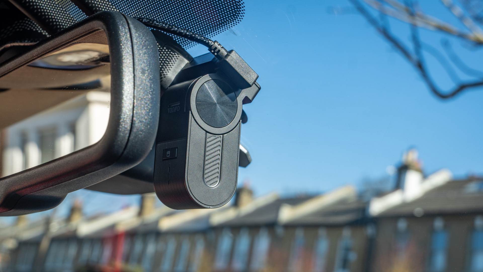 Viofo VS1 dashcam in a car windshield