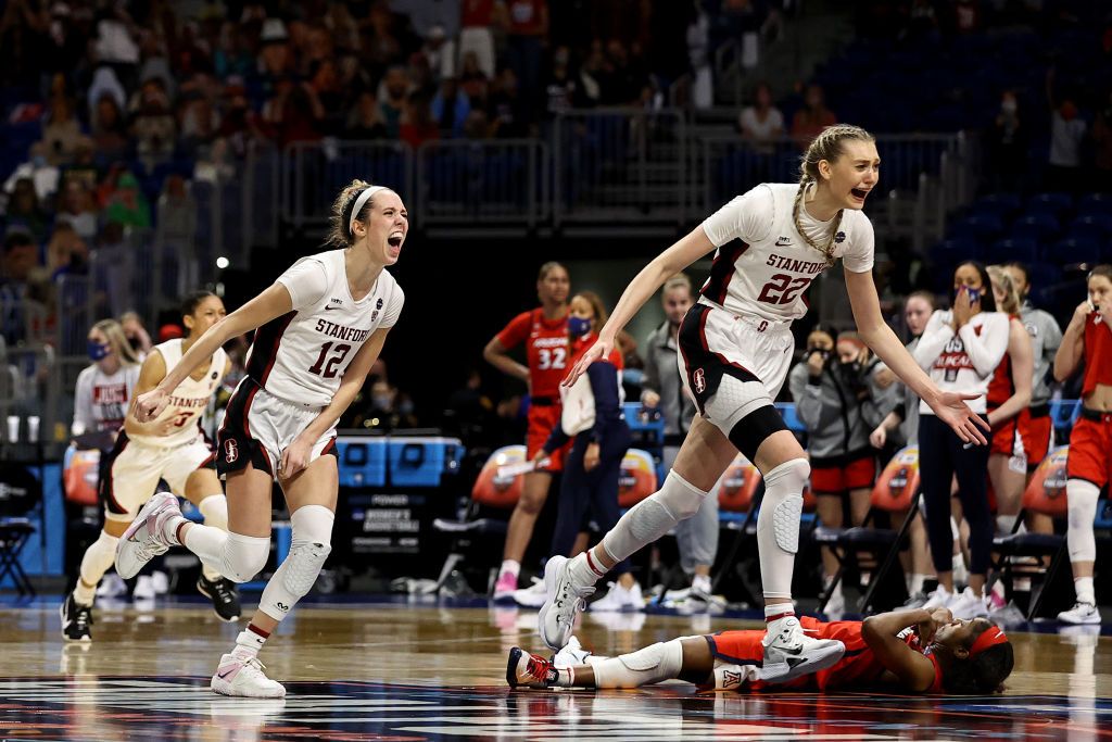 Stanford players react to their win.