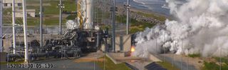An Orbtial ATK Antares rocket first stage fires up