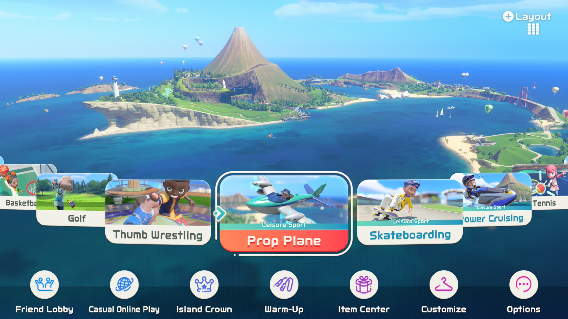 A screenshot showing the main menu of Nintendo Switch Sports Resort