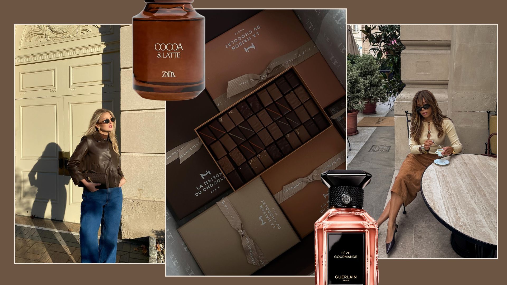 A collage of stylish women wearing brown-toned outfits , a fancy box of chocolates and two chocolate perfumes from Zara and Guerlain