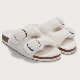sheepskin style slippers in white with double buckles