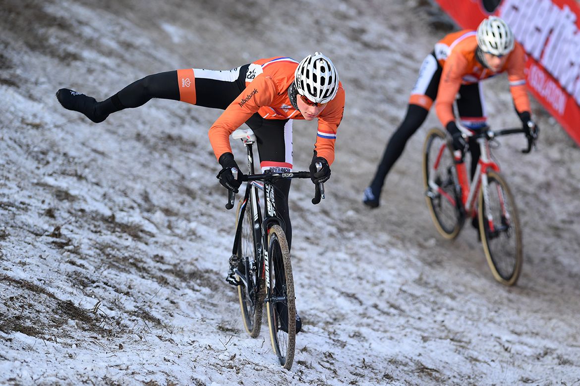 Mathieu van der Poel displays his hip flexibility