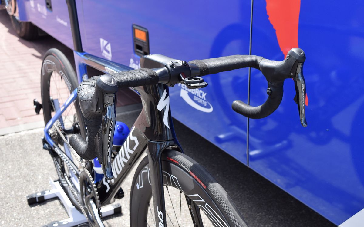 A closer look at the front end of Viviani's bike