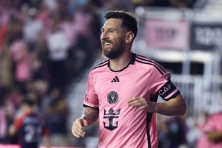 Lionel Messi celebrates a goal for Inter Miami against New England Revolution in October 2024.