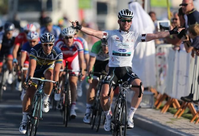 Mark Cavendish (Omega Pharma-Quick Step) wins for the second straight day at the Tour of Qatar.