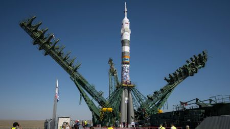A Russia Soyuz rocket sits at Baikonur Cosmodrome&rsquo;s Site 31 launch pad on July 11, 2026. Three days later, the rocket launched NASA astronaut Anil Menon and Roscosmos cosmonauts Pyotr Dubrov and Anna Kikina to the International Space Station.