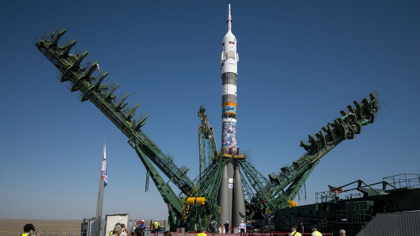 A Russia Soyuz rocket sits at Baikonur Cosmodrome&rsquo;s Site 31 launch pad on July 11, 2026. Three days later, the rocket launched NASA astronaut Anil Menon and Roscosmos cosmonauts Pyotr Dubrov and Anna Kikina to the International Space Station.