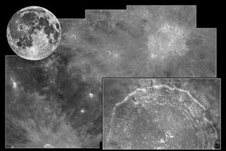 Under full-moon illumination, the large crater Copernicus (upper right) displays an enormous ray system that has spread bright ejecta over the dark basalts of Oceanus Procellarum. The slumped terraces around the crater's rim (inset) stand out, too. A short distance away from Copernicus, two small impactors later penetrated the ray material and dug up the underlying dark basalt, producing dark haloes around themselves. They can be seen as dark spots to the upper left and lower right of Copernicus. Several other small craters stand out brightly because their crater floors are the exposed white rocks of the lunar highlands that underlay Oceanus Procellarum.