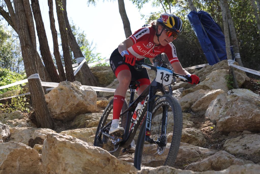 Austrias Laura Stigger competes in the womens Elite Cross Country mountain biking test event at Elancourt Hill in Elancourt west of Paris on September 24 2023 Photo by Thomas SAMSON AFP Photo by THOMAS SAMSONAFP via Getty Images