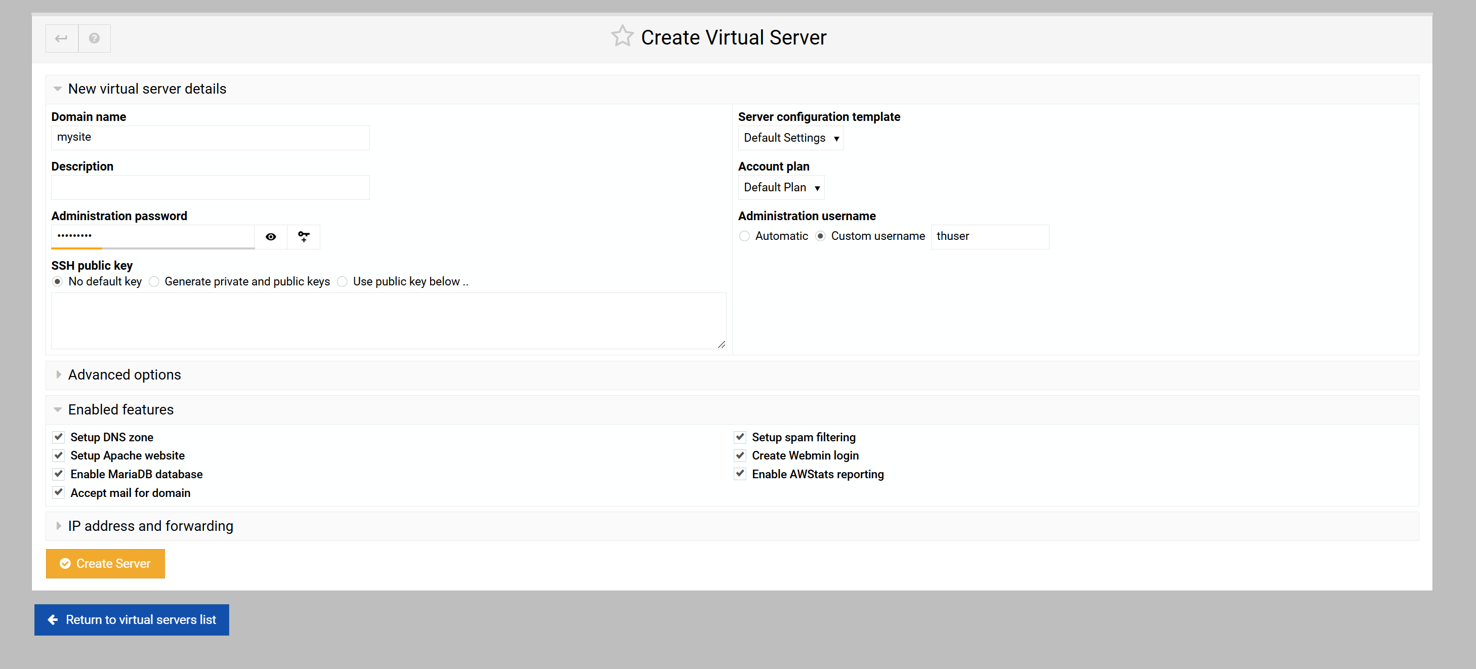 add domain name, admin password, username