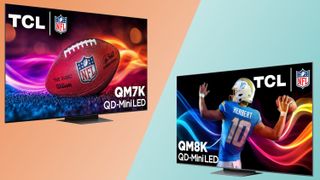 The TCL QM7K and the TCL QM8K arranged in a side-by-side formation in front of colored backgrounds