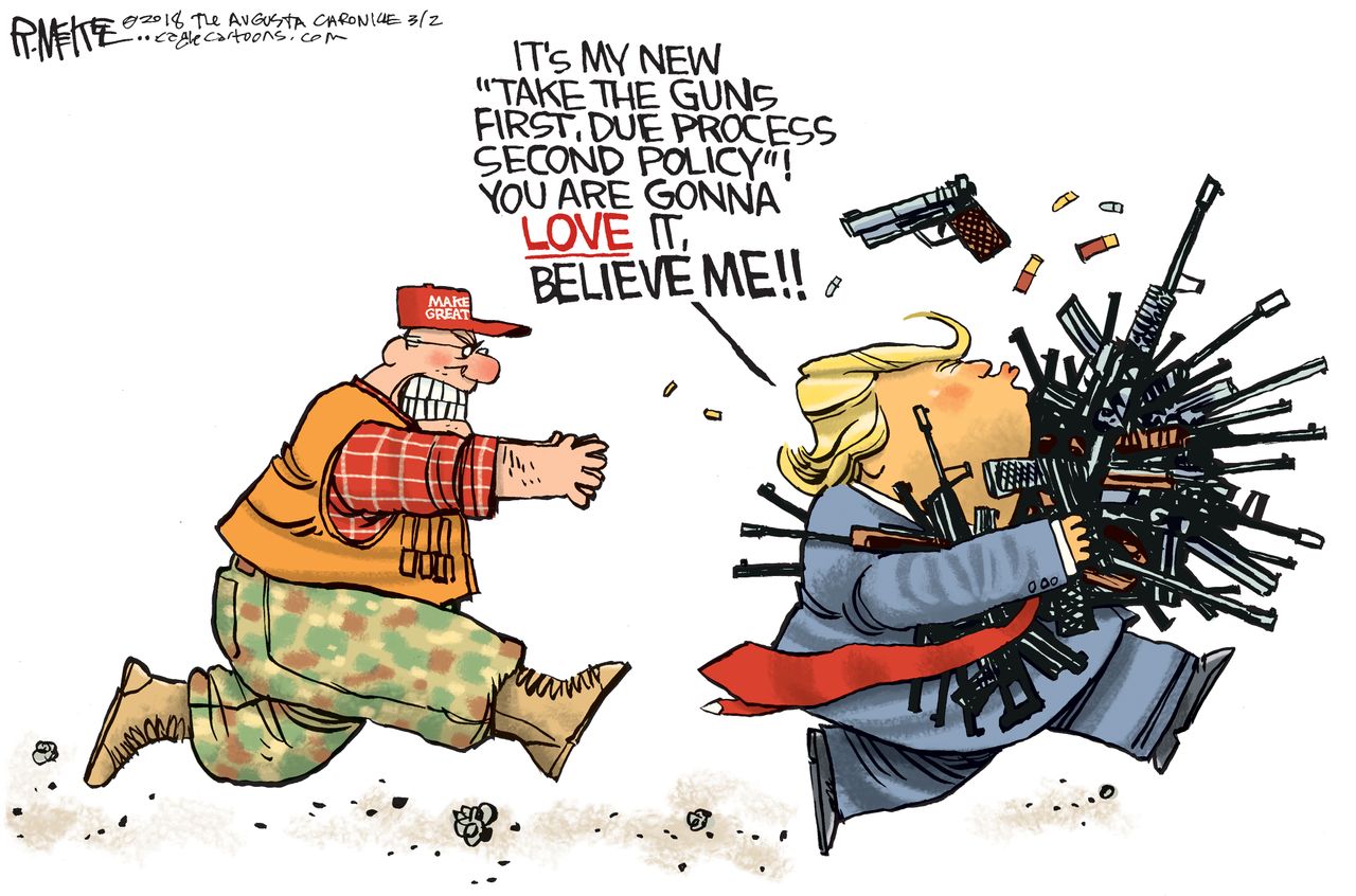 Political cartoon U.S. Trump gun control NRA due process