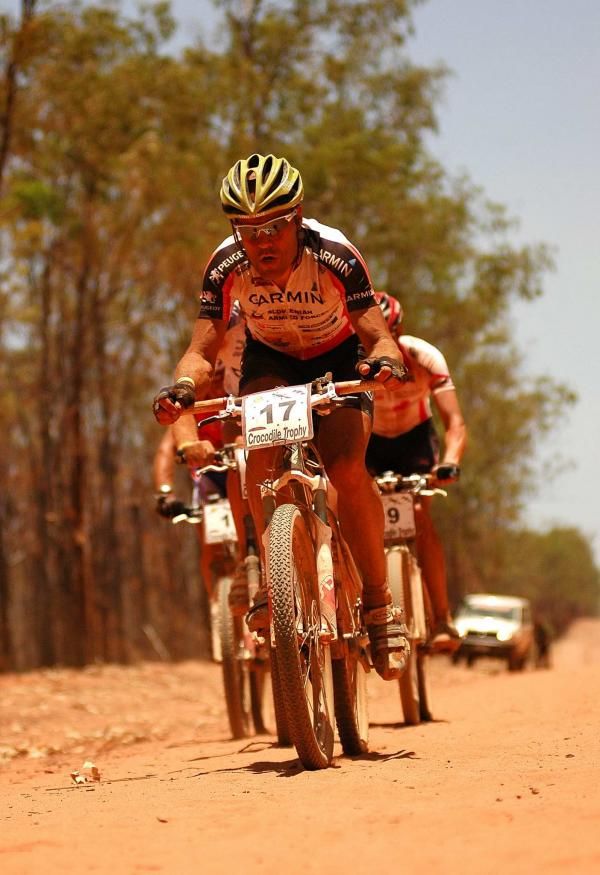 Jure Robic powers on the front of the lead bunch