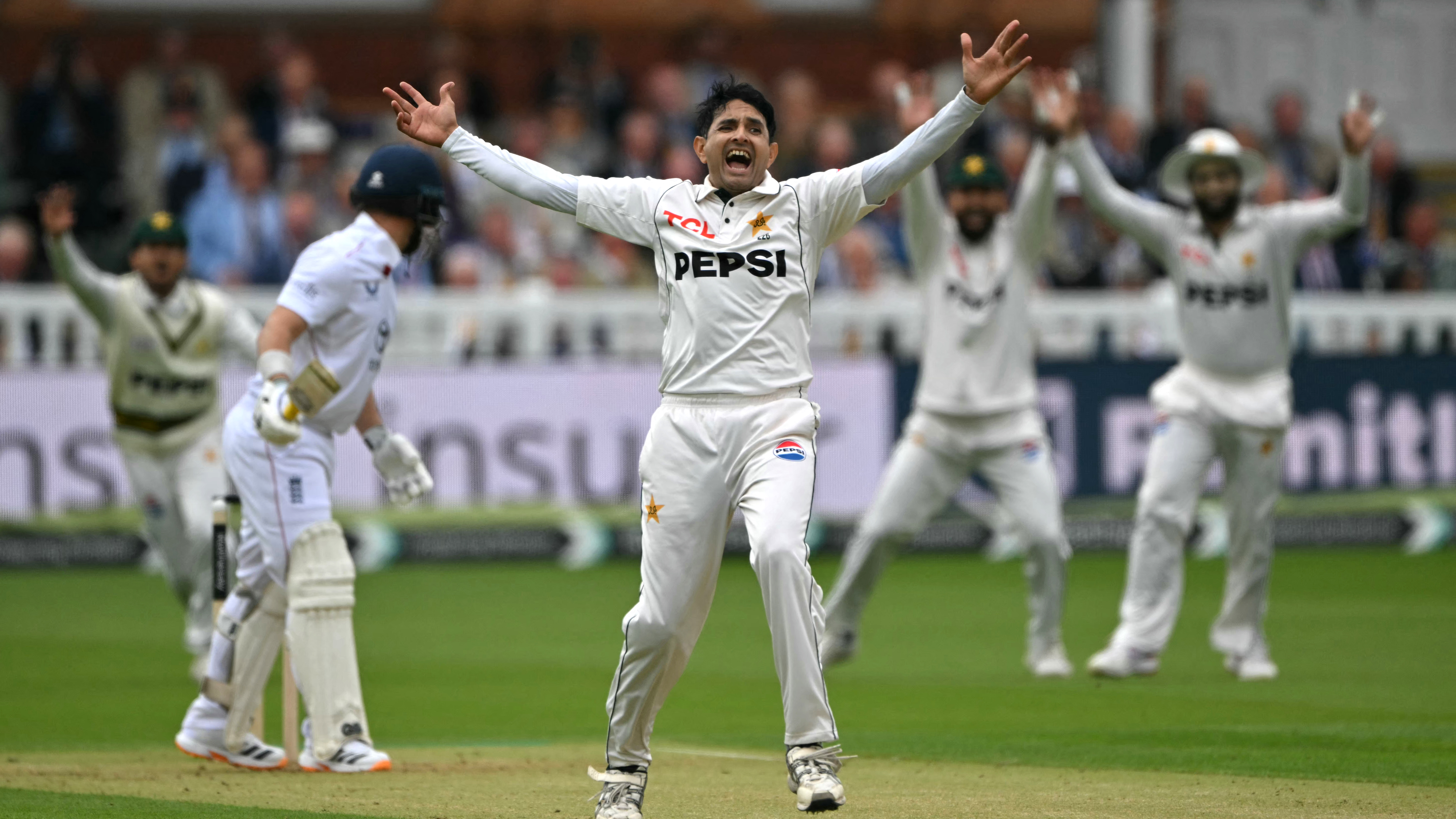 Pakistan's Muhammad Abbas successfully appeals for the wicket of England's Ben Duckett on day one of the second test match between England and Pakistan at Lord's cricket ground in London