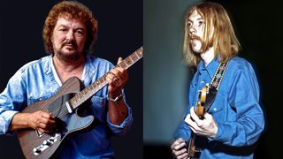 LEFT: Delaney Bramlett poses with George Harrison's 1968 Rosewood Telecaster. RIGHT: Duane Allman rehearses at FAME Studios in 1968 in Muscle Shoals, Alabama.