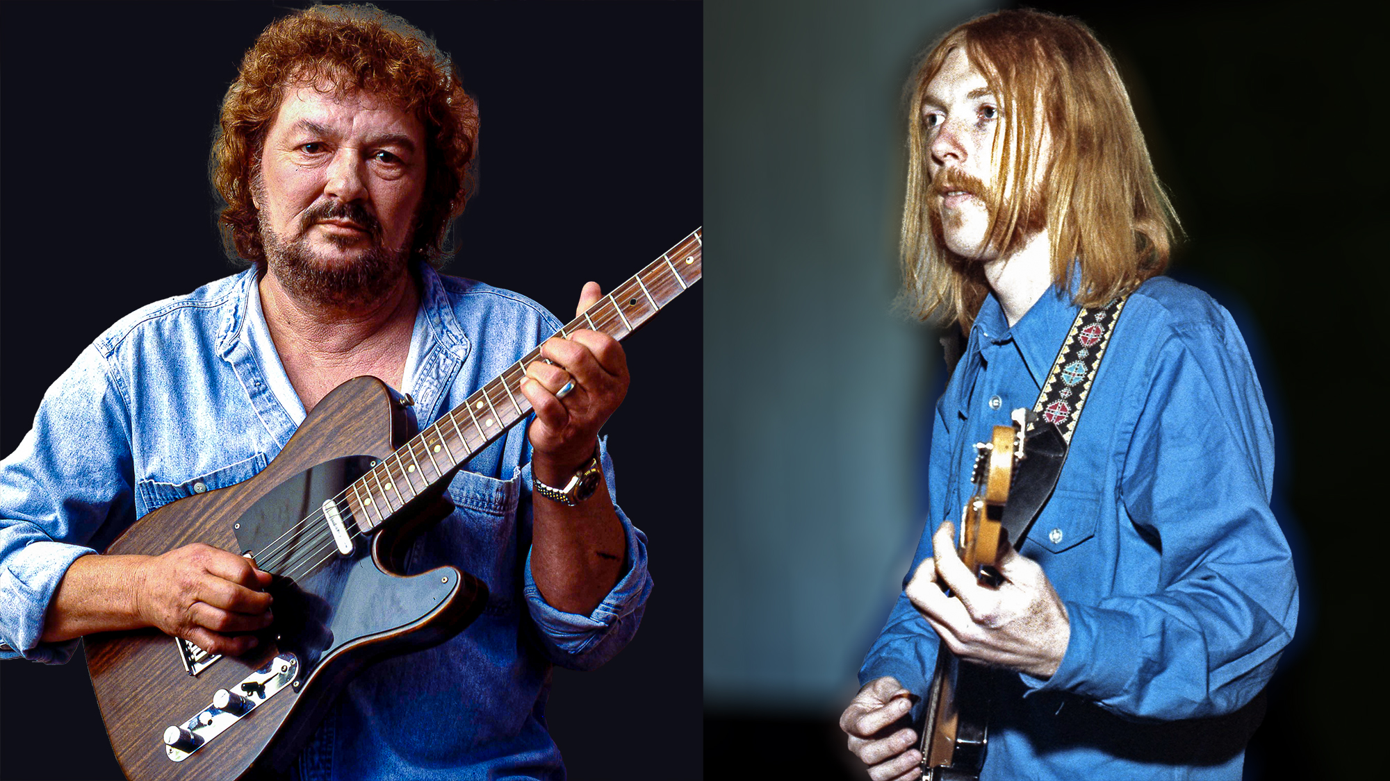 LEFT: Delaney Bramlett poses with George Harrison's 1968 Rosewood Telecaster. RIGHT: Duane Allman rehearses at FAME Studios in 1968 in Muscle Shoals, Alabama.