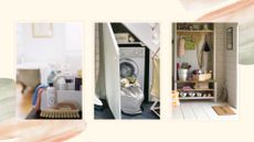 Compilation image of three areas of the home to show things you should clean before autumn including a bathtub, washing machine and hallway