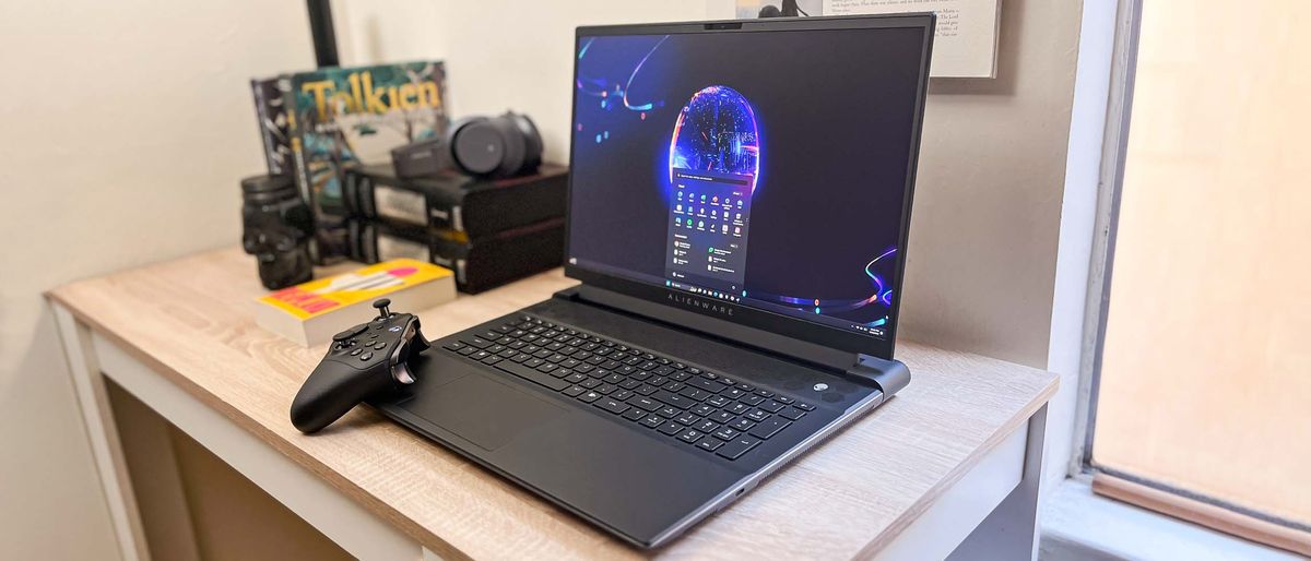 Alienware m18 review unit on a desk