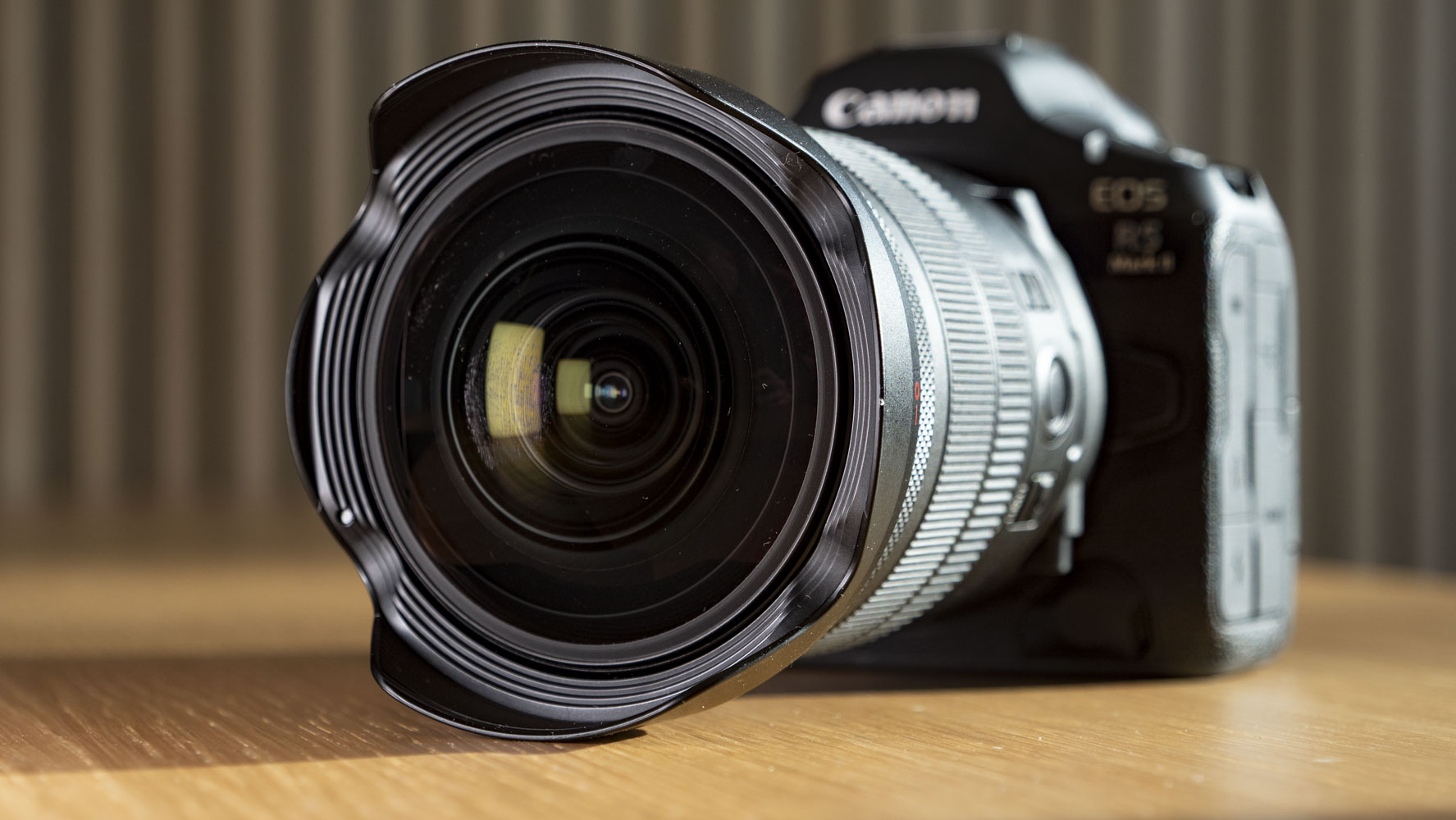 Closeup of the Canon RF 7-14mm F2.8-3.5L Fisheye STM's front lens element