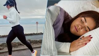 The composite image shows a dark haired woman running along a coastal path on the left wearing workout gear, and the same woman lying in bed sleeping on the right
