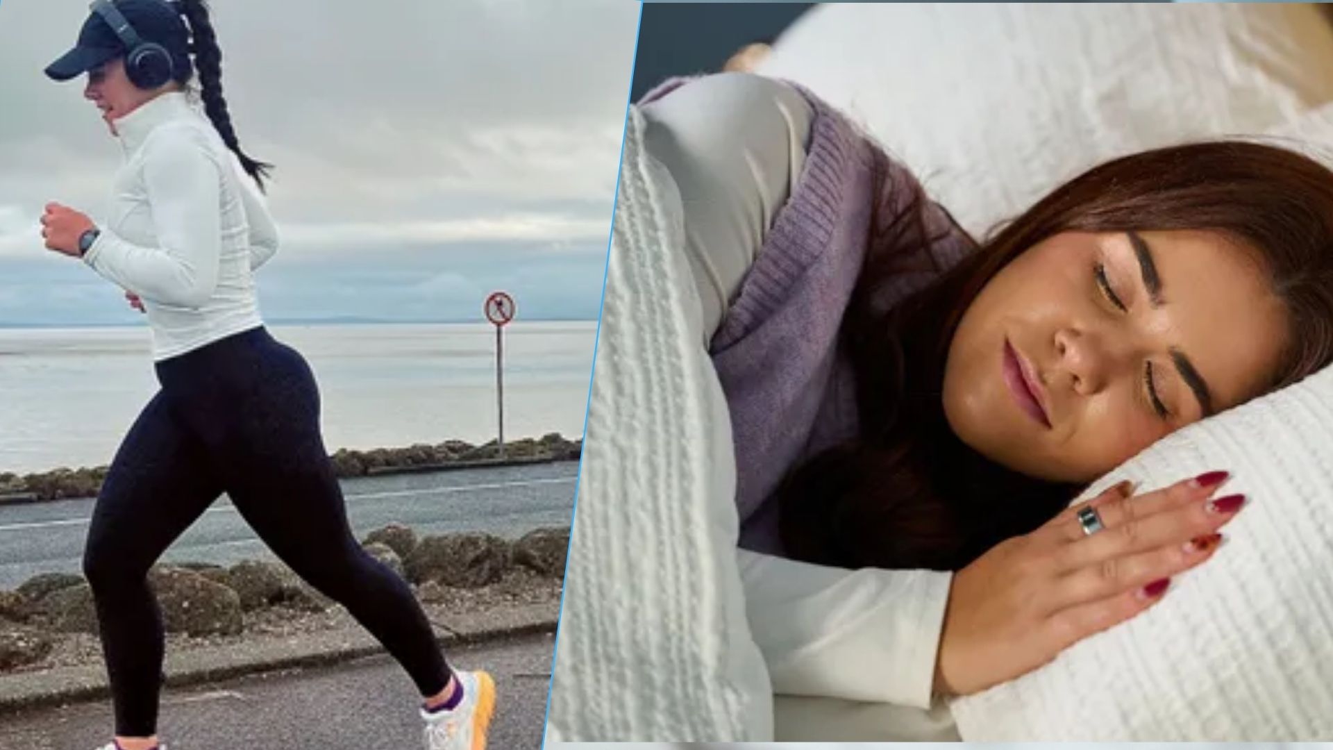 The composite image shows a dark haired woman running along a coastal path on the left wearing workout gear, and the same woman lying in bed sleeping on the right