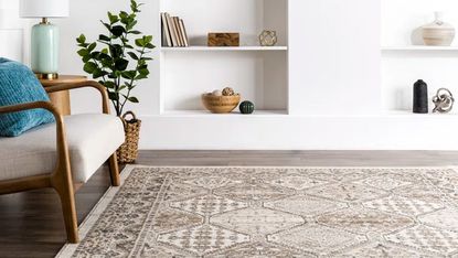 White room with beautiful rug on floor