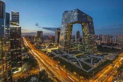 Night on Beijing Central Business district buildings skyline, China cityscape