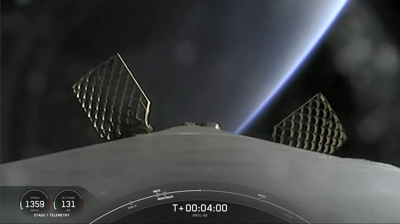 A stunning view of the Earth at dawn from space is seen in this still image from video taken by SpaceX's Falcon 9 rocket first stage during the launch of the NROL-85 spy satellite on April 17, 2022.