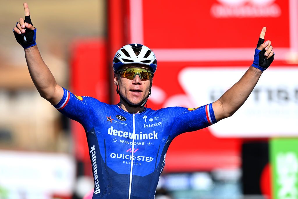 MOLINA DE ARAGON SPAIN AUGUST 17 Fabio Jakobsen of Netherlands and Team Deceuninck QuickStep celebrates winning during the 76th Tour of Spain 2021 Stage 4 a 1639km stage from El Burgo de Osma to Molina de Aragn 1134m lavuelta LaVuelta21 on August 17 2021 in Molina de Aragn Spain Photo by Stuart FranklinGetty Images