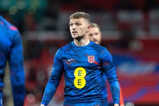 Kieran Trippier of England warms up with Jordan Henderson of England before the UEFA Nations League match between England and Germany at Wembley Stadium, London on Monday 26th September 2022.