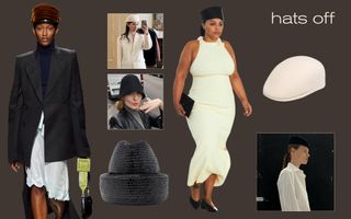 A collage with the words "hats off" on it that showcases runway, product, and Instagram images of chic hats for fall 2024.