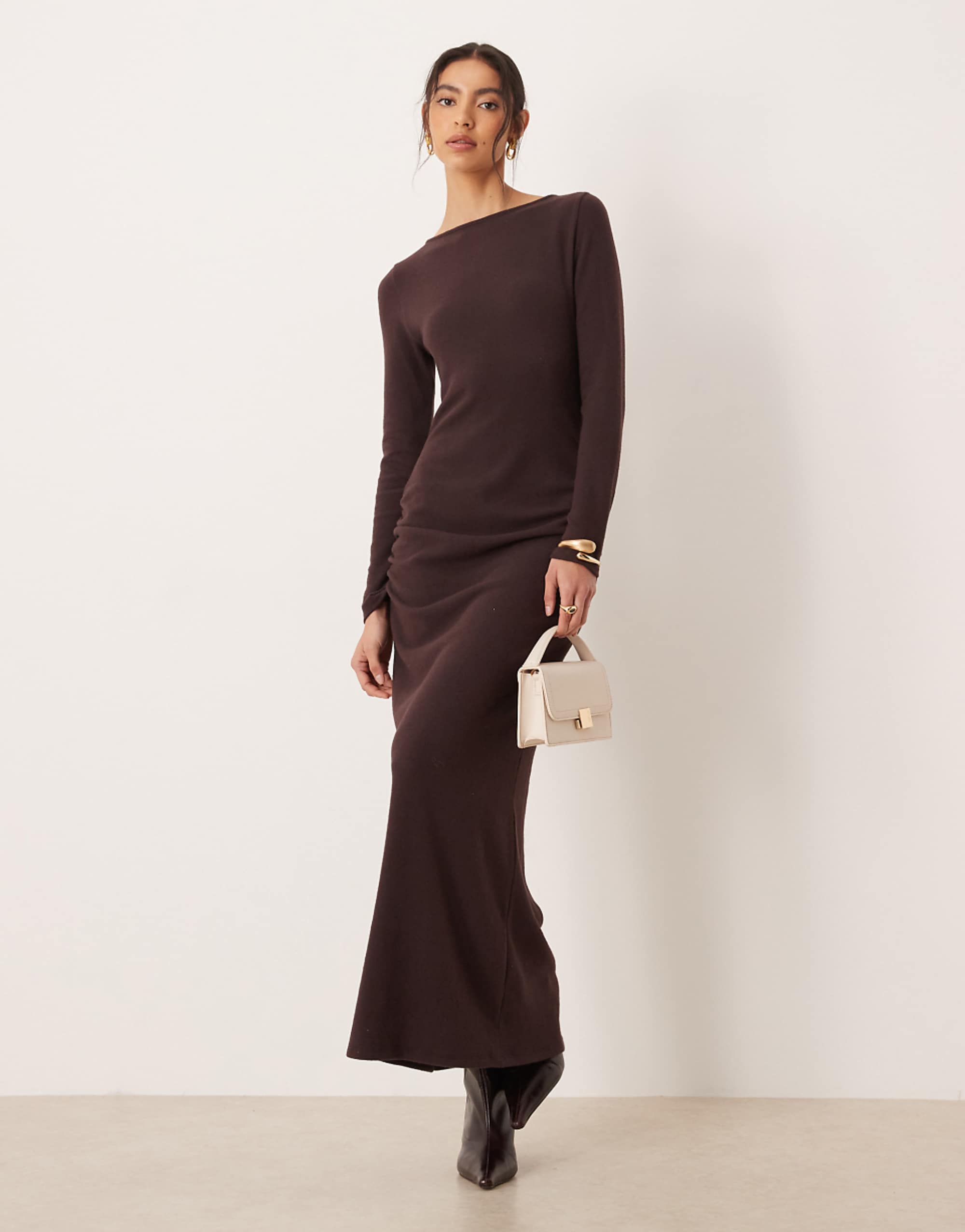 Asos Design Super Soft Slashed Neck Ruched Maxi Dress in Chocolate Brown
